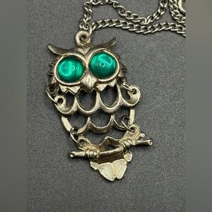 Vintage Silver Tone Metal Articulated Owl Pendant Necklace, Costume Jewelry